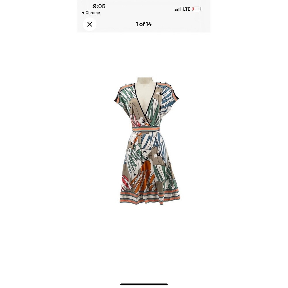 BCBGMaxAzria Cap Sleeve Dress Multicolor Plunge V Neck Faux Wrap Size Medium
